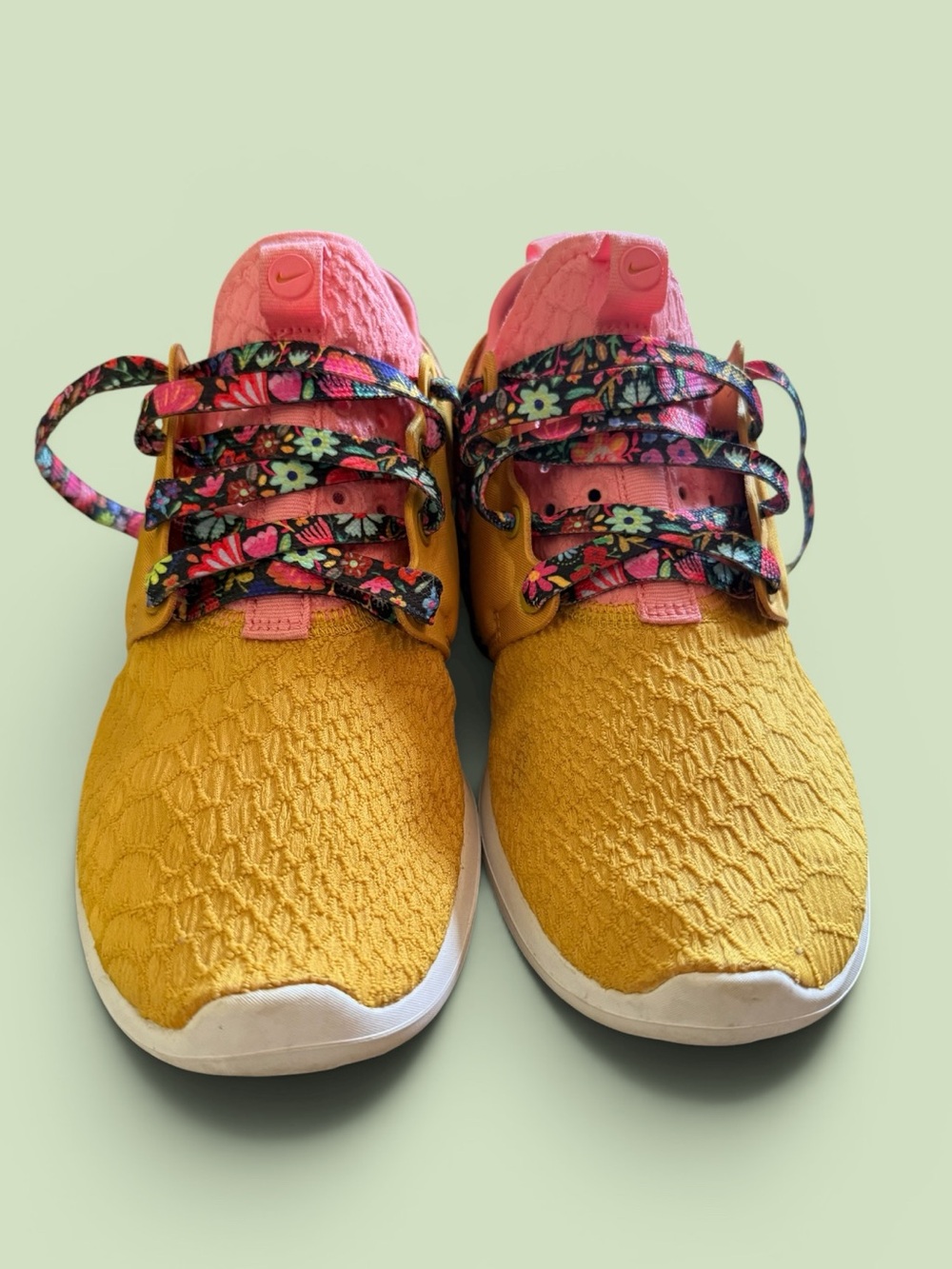 Nike Yellow Sneakers with Pink Collar and Floral Laces - Picture 7 of 11